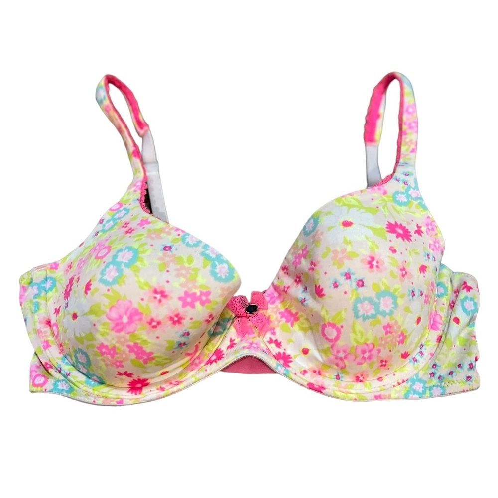 Victoria's Secret lined demi underwire bra pink and yellow floral 34C EUC